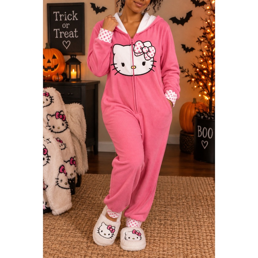 M 177 Hello Kitty Pink Hooded Onesie Pajama Jumpsuit Halloween Costume Kawaii